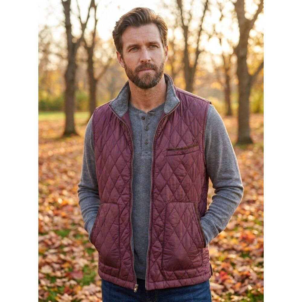 Tasso Elba Mens Quilted Hybrid Vest Medium Macys Exclusive Mauve Grey Full Zip